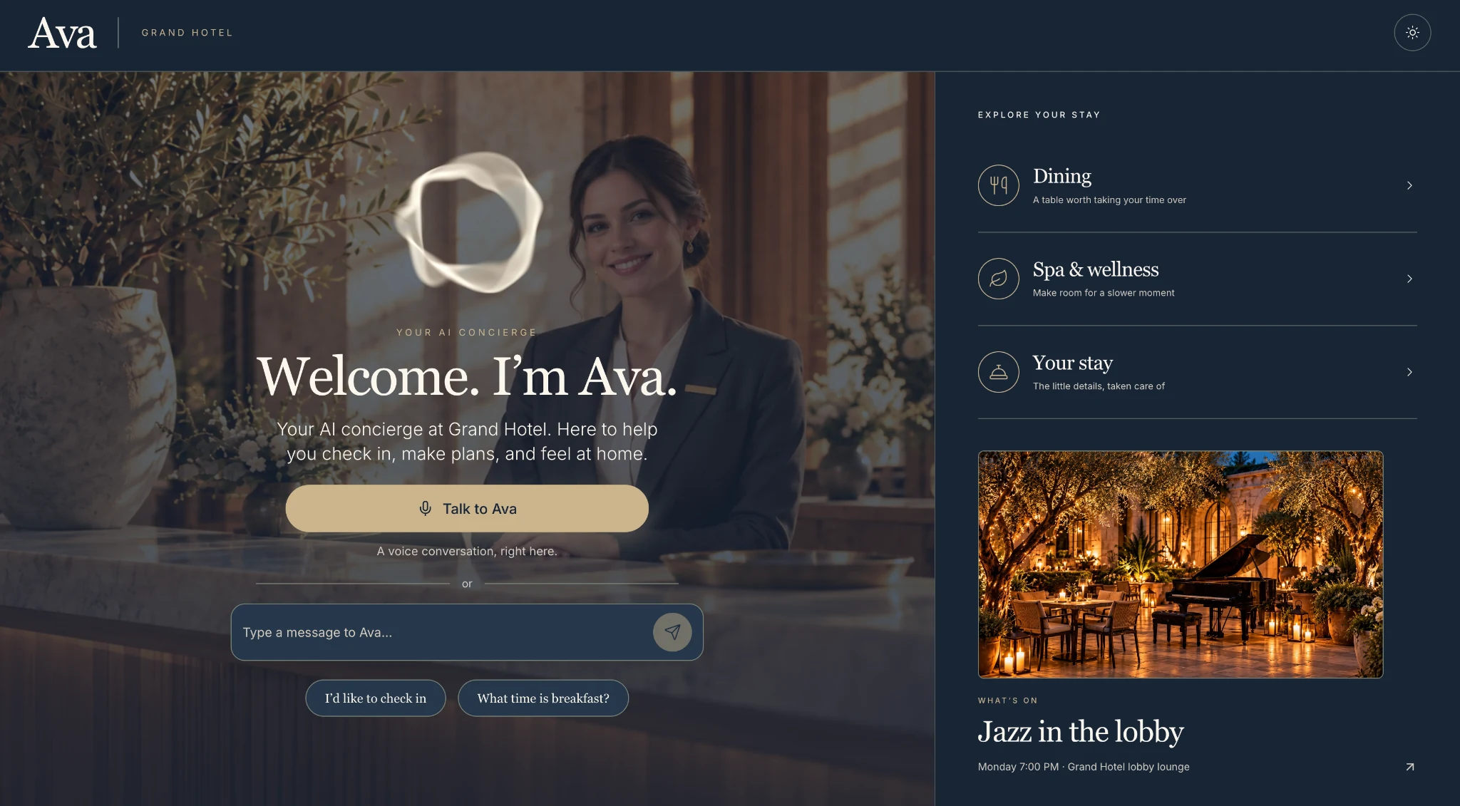 Ava welcome screen with voice and text options and hotel information